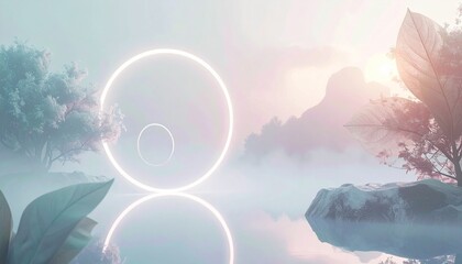 Minimal surreal landscape with floating leaf shapes and glowing geometric rings