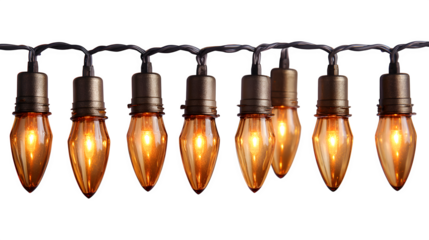 Vintage-style glowing candle string lights with flickering LED flames in amber glass holders, nostalgic warmth, isolated on white background