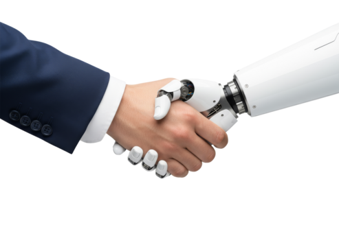 Human and Robot Handshake: A close-up of a firm handshake, symbolizing partnership between a human and a technological entity, highlighting the future of collaboration.