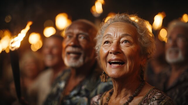Elderly couple enjoying a romantic evening outdoors, surrounded by warm glowing and festive lights, sharing smiles and laughter in a joyful atmosphere of celebration and togetherness - Powered by Adobe