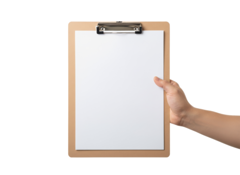 Clipboard in hand: A hand holding a clipboard with a blank paper, offering a canvas for ideas and information, perfect for showcasing your message.