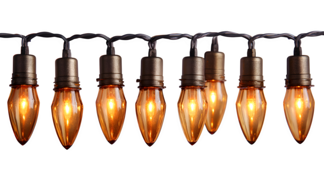 Vintage-style glowing candle string lights with flickering LED flames in amber glass holders, nostalgic warmth, isolated on white background