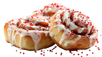 Warm cinnamon rolls drizzled with vanilla glaze and sprinkled with red sugar pearls, soft and gooey texture, isolated on white background