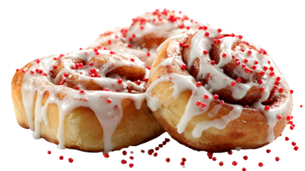 Warm cinnamon rolls drizzled with vanilla glaze and sprinkled with red sugar pearls, soft and gooey texture, isolated on white background