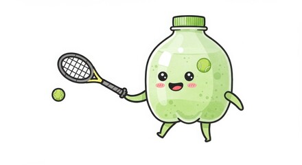 a cute round plastic bottle character swinging a tennis racket in watercolor illustration