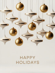  A minimalist and modern  holiday greeting card with golden text "Happy Holidays" and Christmas ornaments in gold and cream colors.