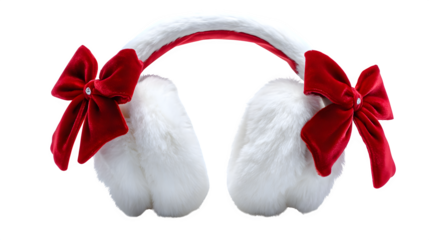 White faux fur earmuffs with red satin bow and soft padding, winter-chic holiday style, isolated on white background