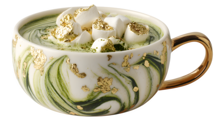 White hot chocolate with matcha swirl, marshmallows, and gold leaf, modern holiday twist, isolated on white background