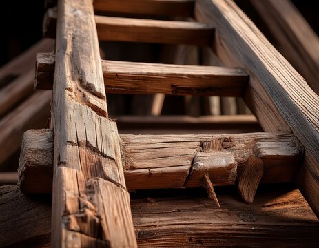 weathered wooden ladder rungs with splintered ends and broken texture