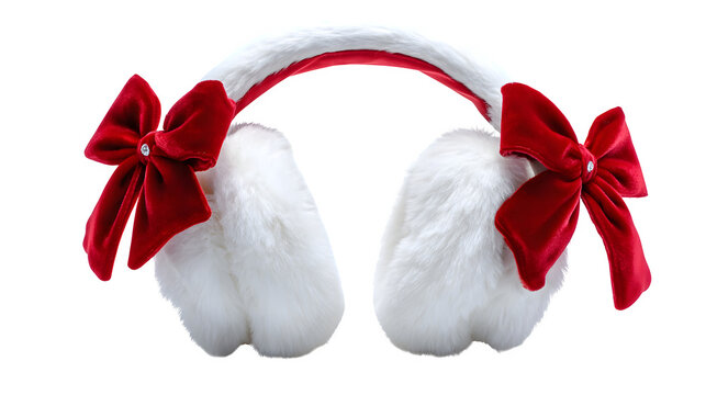 White faux fur earmuffs with red satin bow and soft padding, winter-chic holiday style, isolated on white background