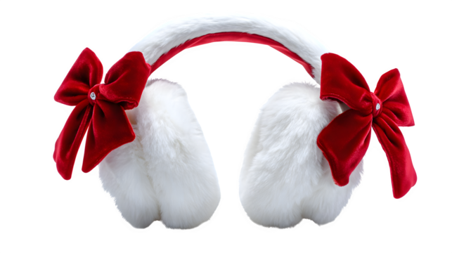 White faux fur earmuffs with red satin bow and soft padding, winter-chic holiday style, isolated on white background