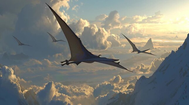 Surreal fantasy scene of evolved bird descendants soaring through a world of endless clouds, featuring giant glider-like avians adapted for life in the sky, evoking freedom, evolution, and speculative