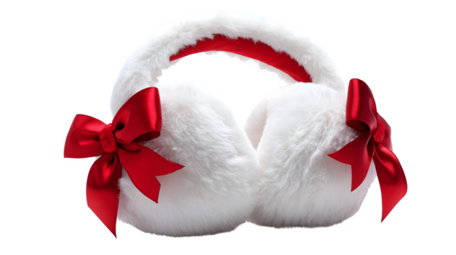 White faux fur earmuffs with red satin bow and soft padding, winter-chic holiday style, isolated on white background
