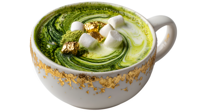 White hot chocolate with matcha swirl, marshmallows, and gold leaf, modern holiday twist, isolated on white background