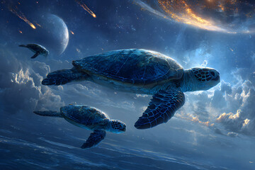 Obraz premium Two turtles swim gracefully through a cosmic scene filled with stars and planets