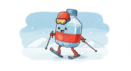 a cute round plastic bottle character skiing downhill in watercolor illustration