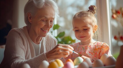 Grandmother and granddaughter joyfully painting Easter eggs by the window with natural light