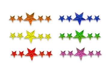 Colourful five star rating, review icon set isolated on transparent background. Various colors customer feedback concept. Achievement badge, success symbol, graphic design element.