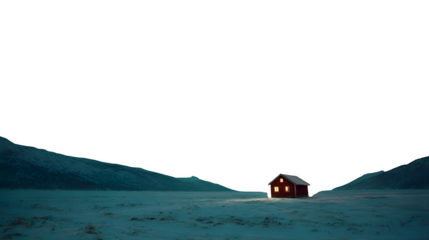Winter night with northern lights dancing over a snowy field and lone cabin in the distance, ethereal green glow, isolated on white background