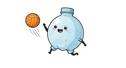a cute round plastic bottle character playing volleyball with ball midair in watercolor illustration