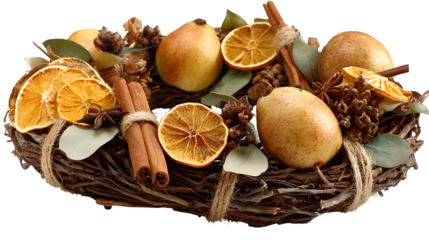 Wreath of dried orange slices, cinnamon sticks, and clove-studded apples tied with twine, aromatic and rustic, isolated on white background