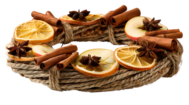 Wreath of dried orange slices, cinnamon sticks, and clove-studded apples tied with twine, aromatic and rustic, isolated on white background