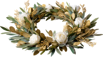 Wreath of preserved olive branches, white roses, and gold-dipped eucalyptus, Mediterranean elegance, isolated on white background