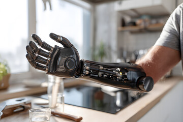 Advanced robotic arm assists in cooking in a modern kitchen environment during daylight hours