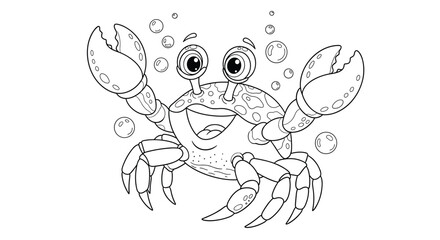 Obraz premium A whimsical illustration of a happy cartoon crab with large, expressive eyes and bubbly water surrounding it underwater.