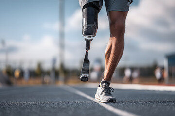 Running on the track, an athlete with a prosthetic leg trains under a bright sky during an athletic event