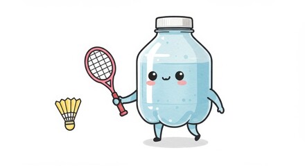 a cute round plastic bottle character playing badminton with racket and shuttlecock in watercolor illustration