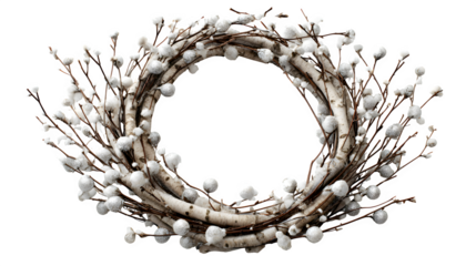 Wreath of white birch branches, cotton stems, and tiny silver baubles, neutral winter palette, isolated on white background