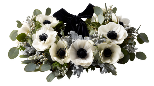 Wreath of white anemones, silver brunia, and eucalyptus with black velvet bow, modern monochrome, isolated on white background - Powered by Adobe