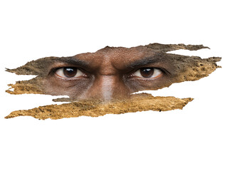 Intense male eyes with dark skin peering through torn paper, expressing curiosity and mystery, isolated on transparent background, close up view
