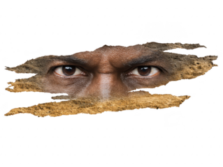 Intense male eyes with dark skin peering through torn paper, expressing curiosity and mystery, isolated on transparent background, close up view