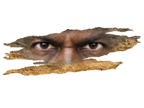 Intense male eyes with dark skin peering through torn paper, expressing curiosity and mystery, isolated on transparent background, close up view
