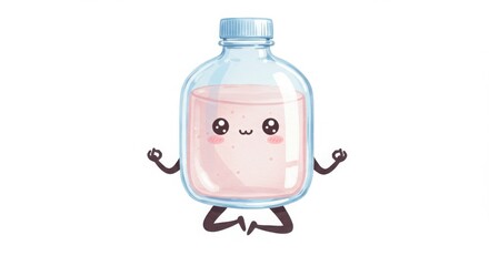a cute round plastic bottle character yoga lotus pose in watercolor illustration