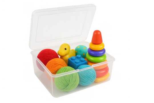 Children's toys, including a stacking pyramid, rubber duck, building block, and yarn balls, fill an open plastic container