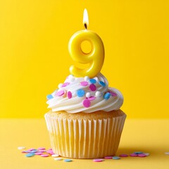 Vibrant birthday cupcake with yellow candle on colorful background