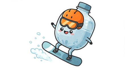 a cute round plastic bottle character snowboarding with helmet in watercolor illustration