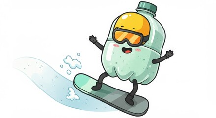 a cute round plastic bottle character snowboarding with helmet in watercolor illustration