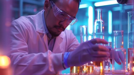 Scientist working in laboratory research analyzing test tubes and chemical solutions science and technology