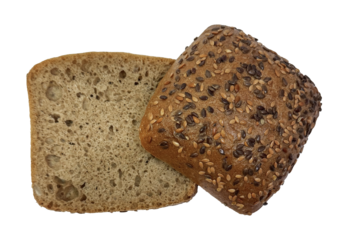 Artisan whole grain bread roll cut in half. Healthy seeded bun for sandwiches and breakfast. Organic bakery product with flax and sesame seeds. Top view food ingredient isolated for design