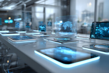 Futuristic high-tech command center with advanced screens and interactive displays used for global operations