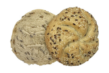 Freshly baked multigrain roll sliced in half. Healthy whole wheat bun with sesame and flax seeds. Artisan bakery food for breakfast sandwiches. Isolated top view for culinary concepts