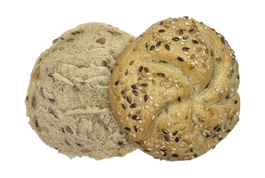 Freshly baked multigrain roll sliced in half. Healthy whole wheat bun with sesame and flax seeds. Artisan bakery food for breakfast sandwiches. Isolated top view for culinary concepts