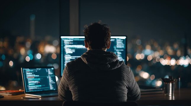 Developer coding in a dark workspace illuminated only by the glow of multiple monitors, creating a cinematic, moody tech aesthetic with focused atmosphere and dramatic contrast.
