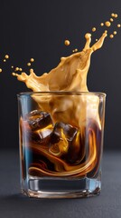 Splashing coffee with ice cubes in glass against dark background