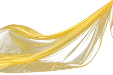 Silk's lustrous yellow fabric flutters in the breeze against a transparent background. Composition material. Already cut out.