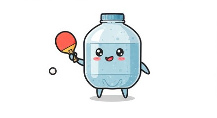 a cute round plastic bottle character table tennis with paddle in watercolor illustration